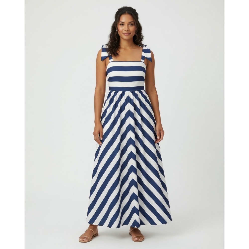 Sail to Sable STS Navy Blue White Striped Chevron Maxi Dress Tie Shoulder Medium